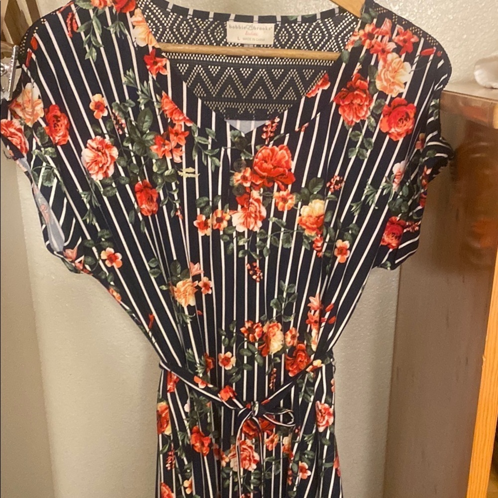 Soft Black & White with Orange Floral Knee Length Dress Spring Feminine Hippie